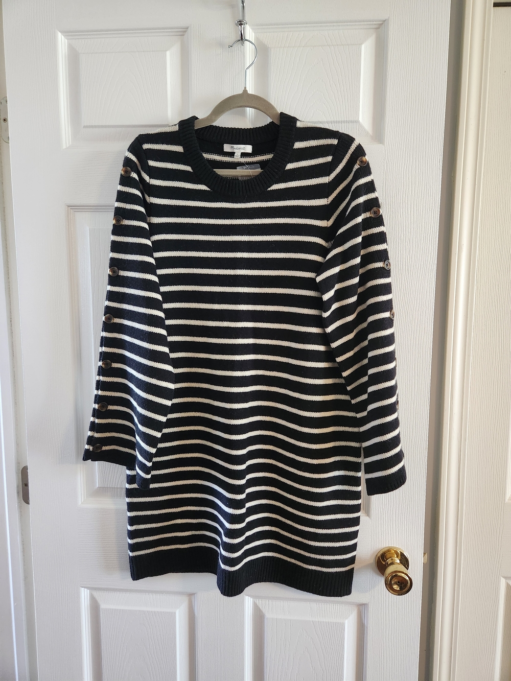 Madewell Black and White Striped Button-Trim Sweater Dress